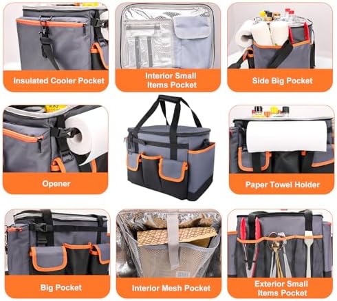 Large BBQ Grill Caddy with Paper Towel Holder, Foldable Insulated Picnic Organizer Bag for Outdoor Grilling, Tailgating, Camping, RV Trips, Must-Have Storage for Cooking Tools Supplies