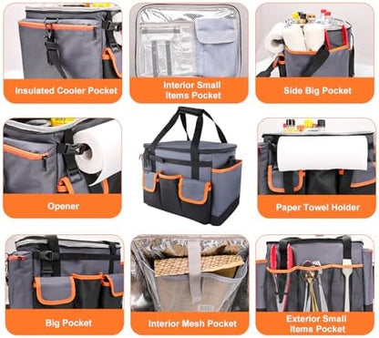 Large BBQ Grill Caddy with Paper Towel Holder, Foldable Insulated Picnic Organizer Bag for Outdoor Grilling, Tailgating, Camping, RV Trips, Must-Have Storage for Cooking Tools Supplies