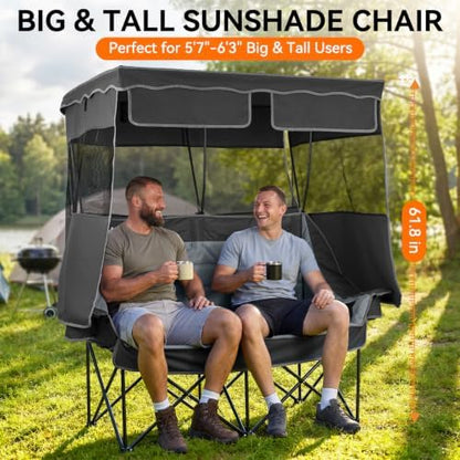 Huskfirm Double Camping Chair with Canopy Shade Folding Camping Couch Black