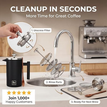 Barista Warrior French Press Coffee Maker - Double-Wall Stainless Steel Insulated French Press with Built-In Thermometer, Dual Filters Coffee Maker with Wooden Spoon - Black