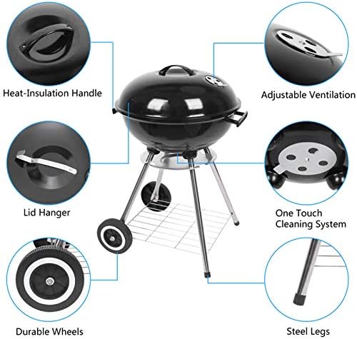 18.5" Portable Round Enamel Charcoal Grill,Kettle Outdoor Barbecue Smoker,Heavy Duty Outdoor BBQ Grill,Vertical Camping Barbecue Grill,with Lid & Wheels,for Garden Patio Beach Backyard (Black)