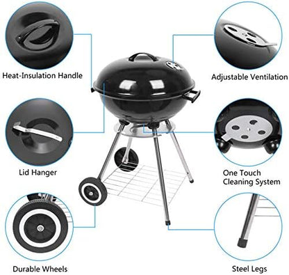 18.5" Portable Round Enamel Charcoal Grill,Kettle Outdoor Barbecue Smoker,Heavy Duty Outdoor BBQ Grill,Vertical Camping Barbecue Grill,with Lid & Wheels,for Garden Patio Beach Backyard (Black)