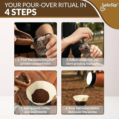 4-in-1 Portable Manual Pour Over Coffee Maker with Grinder – Travel & Camping Pour Over Set – All-in-One Portable Coffee Brewer Kit with Stainless Steel Kettle, Thermal Mug & Dripper