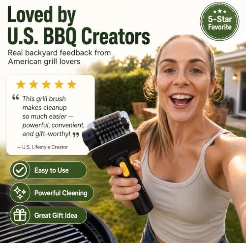 Electric Grill Brush, Portable Power BBQ Cleaner with 1100 RPM Motor, 304 Stainless Steel Head, Dual Safety Lock, Type-C Rechargeable Grill Master Cleaner for Iron, Gas & Charcoal Grills, Black