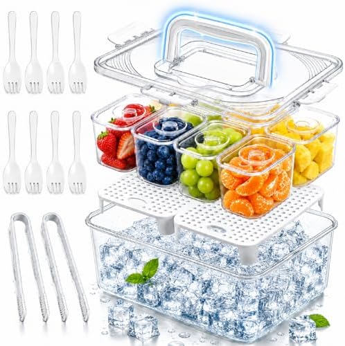 Upgraded 8-Compartment Chilled Condiment Server with Carry Handle, Large Cocktail Garnish Tray, Portable Fruit Tray with Ice Bottom, Cook Out Essentials for BBQ, Taco Bar, Camping