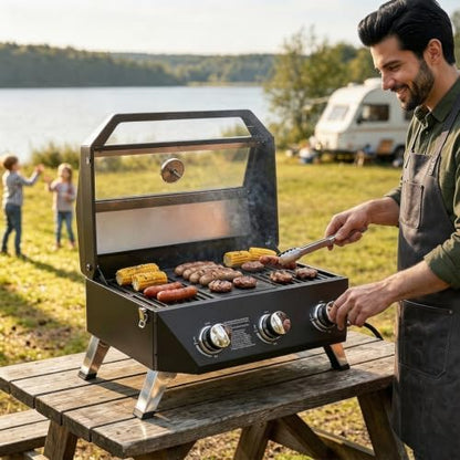 SKOK Tabletop 3-Burner Propane Gas Grill Griddle Combo with View Window