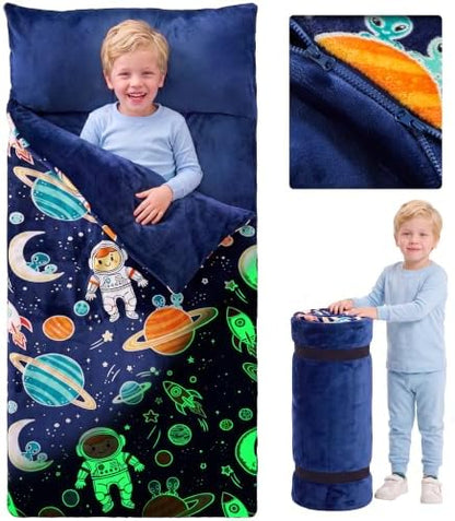JOIEDOMI Toddler Sleeping Bag for Kids 66''x33'' Glow in The Dark Kids Sleeping Bag with Pillow for Boys and Girls Ages 3+ Soft Flannel Toddler Nap Mat for Preschool Daycare Sleepover