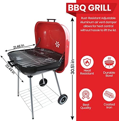 Alpine Cuisine 22x25 Inch Portable Charcoal BBQ Grill with Wheels, Heavy-Duty Outdoor Grilling for Patio, Tailgating & Camping - Red