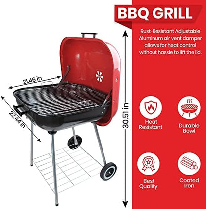 Alpine Cuisine 22x25 Inch Portable Charcoal BBQ Grill with Wheels, Heavy-Duty Outdoor Grilling for Patio, Tailgating & Camping - Red