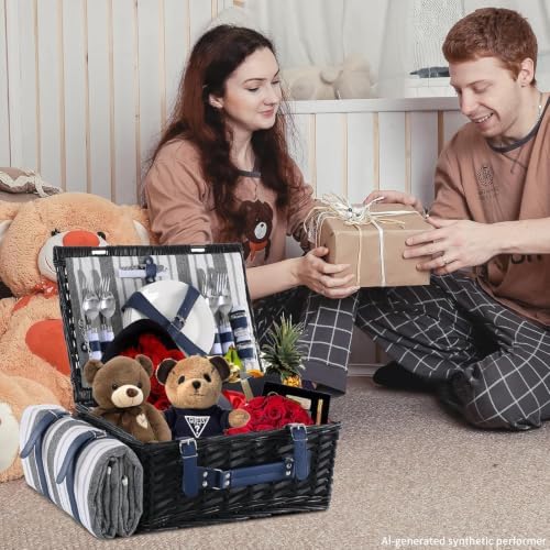 Wicker Picnic Basket for 4 with Waterproof Picnic Blanket