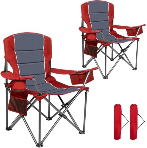Oversized Padded High Back Camping Chairs,2 Pcs Heavy Duty Folding Chairs Support 500LBS with Cooler Bag,Cup Holder Cooler Bag, Collapsible Chairs for Outdoor, Tailgate, Fishing, Red