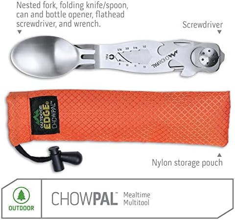 Outdoor Edge ChowPal - Mealtime Multitool with Folding Knife, Fork, Spoon, Bottle Opener, Can Opener, Graduated Wrench, and Screwdriver - 100% Stainless Steel Construction with Nylon Storage Pouch