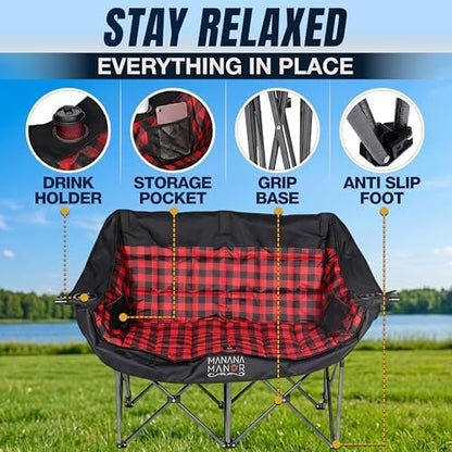 2 Person Camping Chair - Double Folding Chair for Adults - Supports 650 Pounds - Extra Padded Double Seat Camping Chair - Portable 2 Person Camping Couch for Patio and Beach