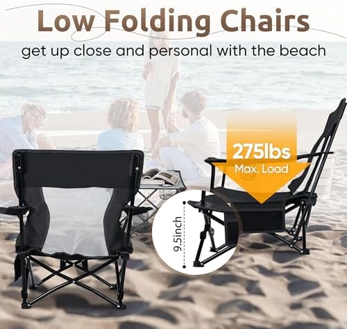 HaSteeL Low Beach Chairs, 3Pcs Folding Camping Chairs with Table - Black