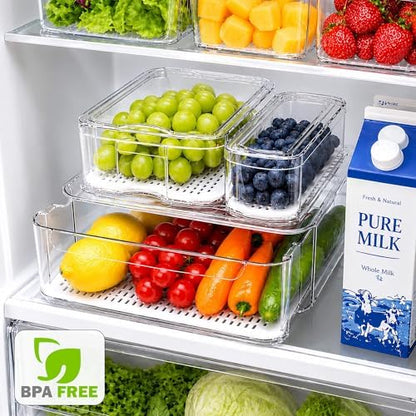 SMRCAD Clear Fridge Bins with Drain Trays - BPA-Free PET, Stackable (8)