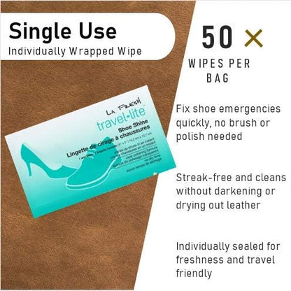 LA Fresh Travel Lite Pre-Moistened Shoe Shine Wipes Pack of 50 Individually Wrapped Streak-Free Cleaning Wipes Perfect For Use On Leather Convenient Size For On The Go
