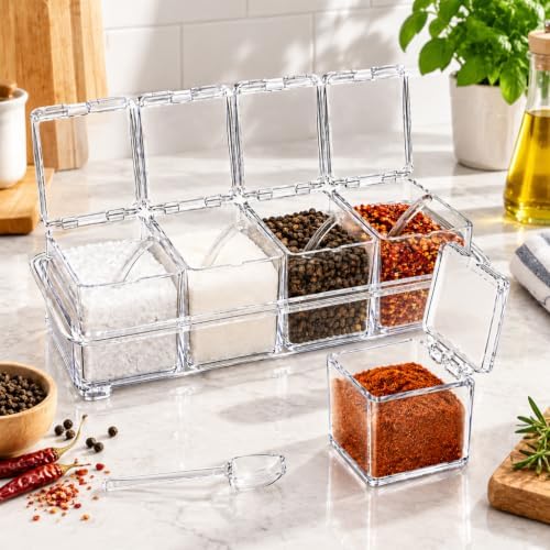4 Cell Clear Seasoning Box with Spoons, Salt and Pepper Caddy with Tray