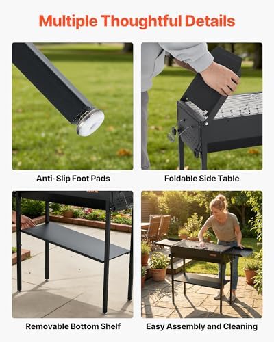VEVOR Foldable Charcoal Grill, Portable Charcoal Barbecue Grill with Adjustable Height & Folding Side Tables, High-Temp Powder-Coated Steel Outdoor BBQ Grills for Camping Backyard Parties