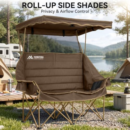 Huskfirm Double Camping Chair with Canopy Shade Folding Heavy Duty Brown