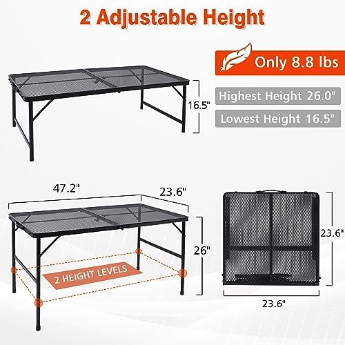 JOUYEK Folding Grill Table, 4x2 FT Portable Camping Height Adjustable Table