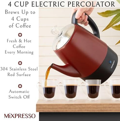 Mixpresso 4 Cup Red Small Electric Percolator Coffee Pot, Stainless Steel