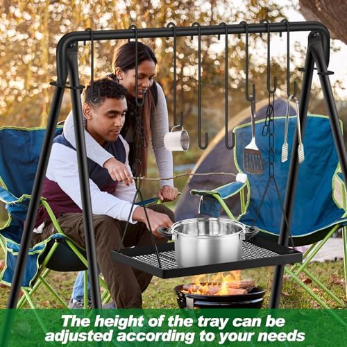 Rossesay Grill Swing Campfire Stand Campfire Cooking Equipment Adjustable Camping Accessories Cookware Hanging Rack with 8 Hooks and Portable Grill Stand for BBQ Picnic Outdoor Party