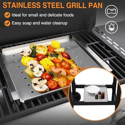 Propane Gas Grill with Folding Side Tables, 3-Burner Gas Grill with Cast Iron Grates and Stainless Steel Griddle Pan, Outdoor BBQ Grill Portable with Wheels 30,000 BTU Output