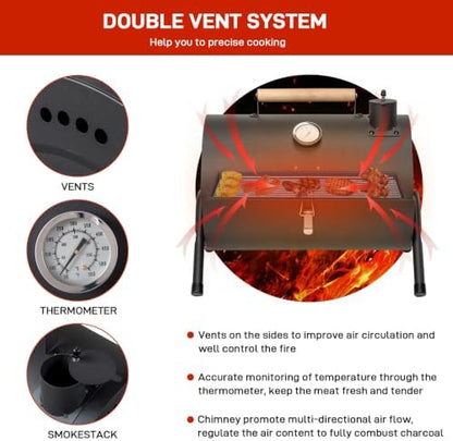Portable Tabletop Charcoal BBQ Grill with Built-in Thermometer, 13.5in