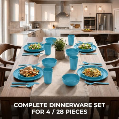 28 Piece Plates and Bowls Sets for 4, Kitchen Dinnerware Sets, Plastic