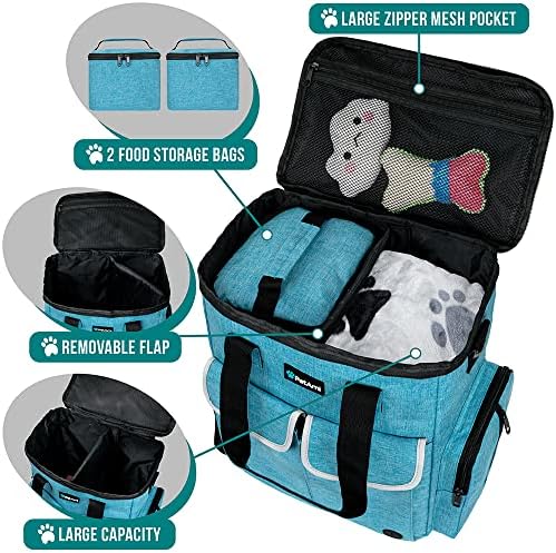 PetAmi Dog Travel Bag Pet Supplies Accessories Organizer for Traveling, Camping, Weekend; Cat Pet Travel Bag Kit Includes 2 Food Storage Containers, 2 Collapsible Bowls, 1 Feeding Mat (Teal Blue)