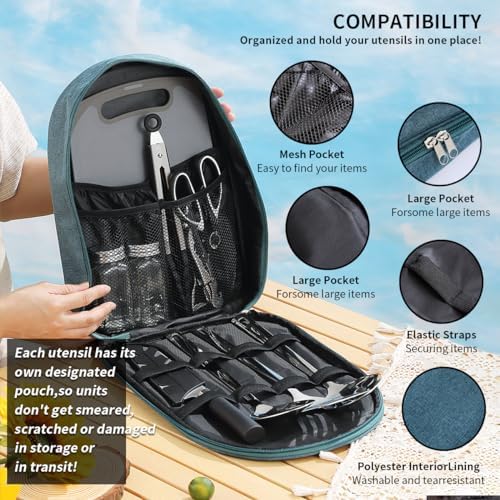 Evanda Camping Kitchen Cooking Utensil Set 10 Piece, Stainless Steel Outdoor Cooking and Grilling Utensil Organizer Travel Set Perfect for Travel, Camping, RVs, BBQs, Picnics, Parties and More