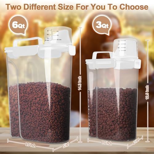 TIOVERY Dog Food Storage Container, 5-7 Lbs Airtight Pet Food Container, Cat food Container Dispenser with Portable Handle, Pouring Spout, Measuring Cup and a Collapsible bowl for Dogs Cats White/6Qt
