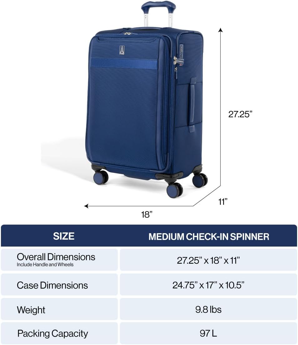 Travelpro VersaPack+ Lightweight Softside Expandable Checked Luggage, 8 Spinner Suitcase, TSA Lock, Men and Women, Checked Medium 25-Inch, Elemental Blue