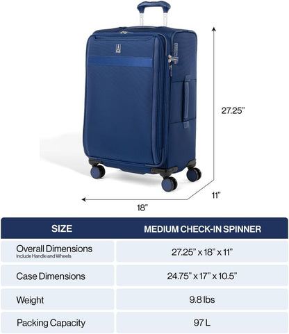 Travelpro VersaPack+ Lightweight Softside Expandable Checked Luggage, 8 Spinner Suitcase, TSA Lock, Men and Women, Checked Medium 25-Inch, Elemental Blue