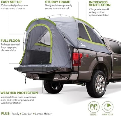 Napier Backroadz Truck Tent | Pickup Truck Bed Camping Tent | Rainfly for Water Protection | Sturdy and Spacious 2-Person Truck Tent | Easy 10-Minute Setup | Gray/Green