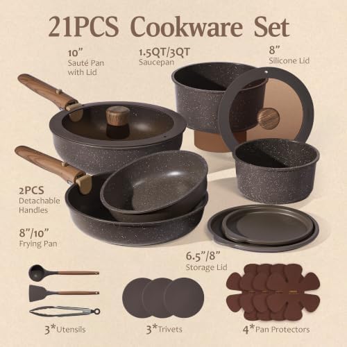 CAROTE 21pcs Pots and Pans Set Non Stick, Detachable Handle Cookware