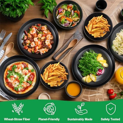 LIYH 16 Pcs Unbreakable Wheat Straw Dinnerware Set for RV & Dorm, Black