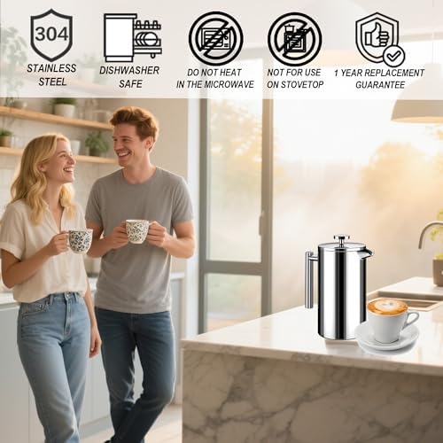 French Press Coffee Maker 34oz, Stainless Steel Double Wall Insulated, 3 Extra Filters & Coffee Spoon for Hot/Cold Brew, Durable Coffee Press for Home, Camping, Office - Silver
