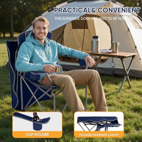 Northroad Folding Camping Chairs with Canopy Shade, Beach Chair w/Cup Holders, Armrests & Carry Bag for Outdoors Travel Sports Fishing,Dark Blue