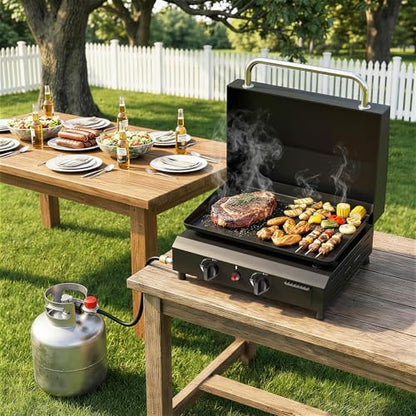 2 Burner BBQ Gas Griddle with Hood, 17.3 Inch Stainless Steel Portable Detachable Propane Griddle, 60,000 BTU Flat Top Grill with Lid for Camping, Black
