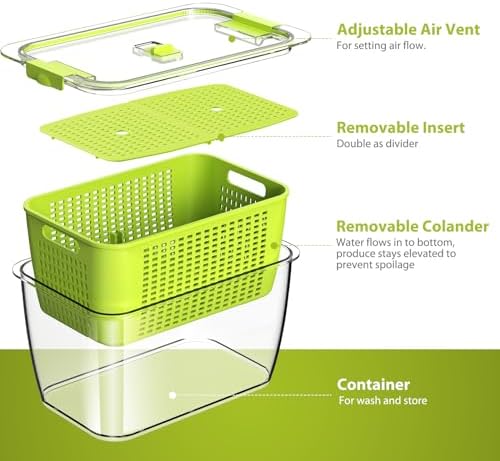 LUXEAR Fruit Vegetable Storage Container, 4 Pack Fresh Containers for Fridge with Lids BPA-Free Produce Refrigerator Organizer for Fruit, Veggie, Berry, Meat Storage Keep Fresh Longer-Green