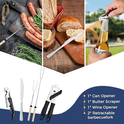 THTYBROS Portable Camping Kitchen Utensil 34 Pcs Set- Cookware Kit, Stainless Steel Outdoor Cooking and Grilling Utensil Organizer Travel Set Perfect for Travel, Picnics, RVs, Camping, BBQs, Parties