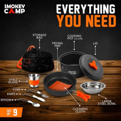 Smokey Camp Camping Cookware Mess Kit Set with Stove - Backpacking Camping Pots and Pans Set, All in One Non-Stick Camping Cooking Set, Portable Stove, Hiking, Picnic, Outdoor & Camping Cookware Set