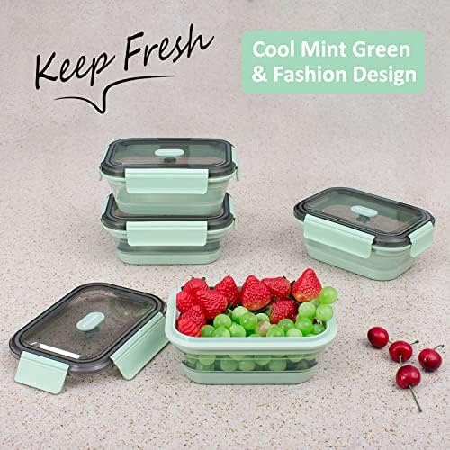 Collapsible Food Storage Containers with Lid & Air Vent, Clear Stacking Silicone Collapsible Food Container Set, Microwave Freezer Dishwasher Safe Space-Saver, Set of 4, Mint Green
