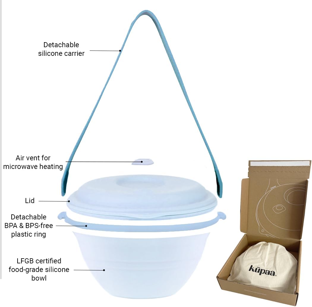 kūpaa Bowl & Carrier Duet – Microwave Safe Silicone Lunch Box For Adults– Collapsible, Leakproof, Food-Grade, Reusable To-Go Container (Glacier)