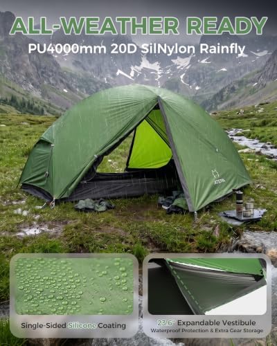 ATEPA Voyage 1-2 Backpacking Tent, Ultralight 20D SilNylon 4 Season Camping Tent, 4000mm Waterproof Freestanding Tent with Expandable Vestibule for Hiking, Bikepacking & Mountaineering