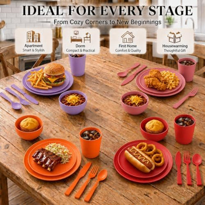 28 Piece Plates and Bowls Sets for 4, Kitchen Dinnerware Sets, Plastic
