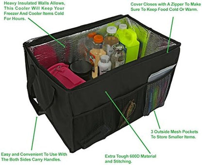 lebogner Insulated Car Console Organizer X-Large Vacation Trunk Cooler Box For Hot Or Cold Food While Traveling, Collapsible Travel Or Shopping Carry Basket, Outdoor Picnic Bag For Camping