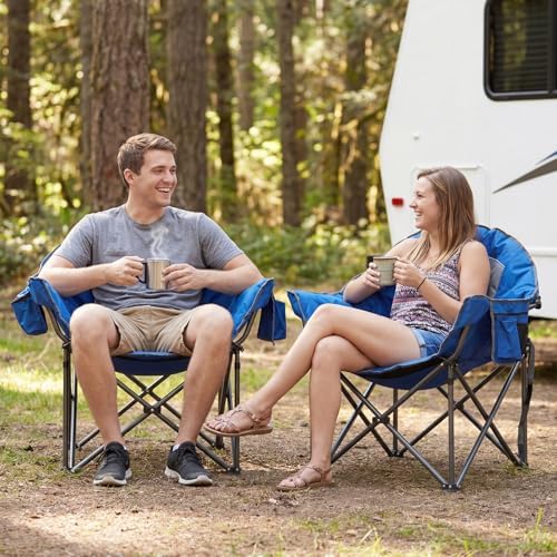 Romswi 2-Pack Oversized XXL Padded Camping Chairs for Adults, 500lbs Heavy Duty Support, 500G Ultra-Thick Cushion Sofa-Like Comfort, Folding Lawn Chair with Cooler Bag & Side Pockets, Blue/Gray