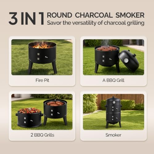 VINGLI 18 Inch Multi-Layer Charcoal BBQ Smoker Grill, Heavy Duty Round Grill, Vertical Smoker with Thermometer, for Outdoor Cooking, Patio, Parties, Backyard